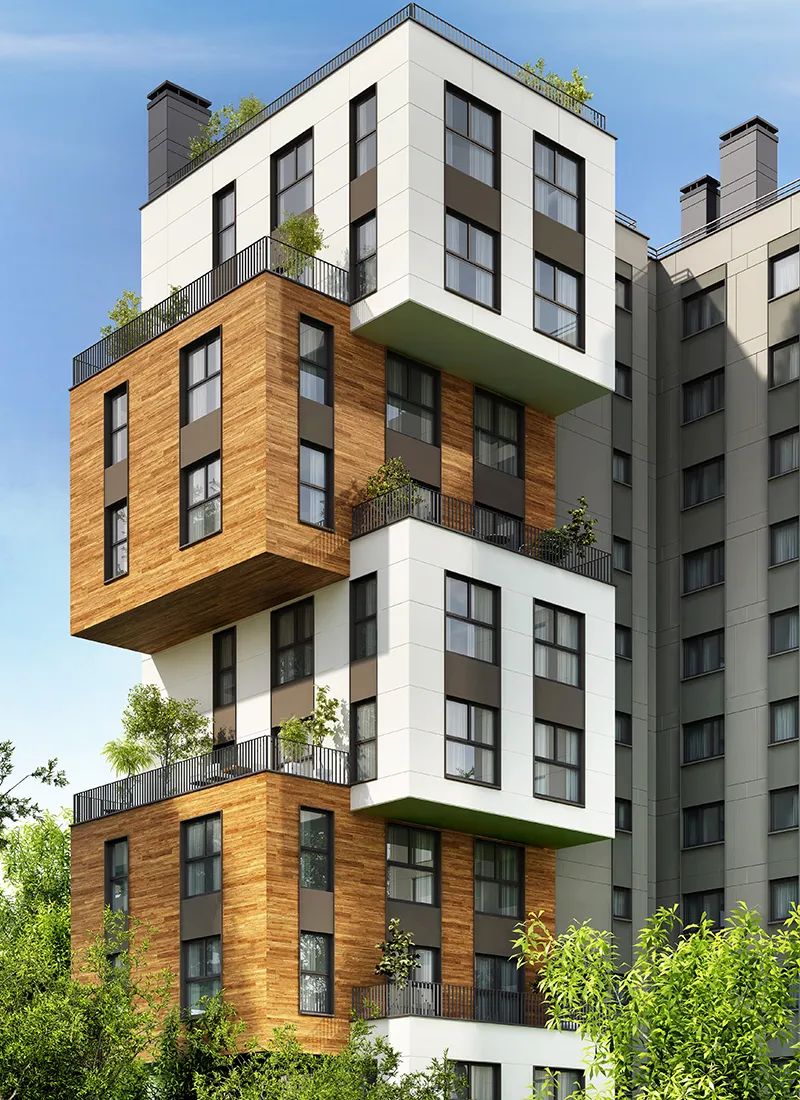 Rendering of housing units appearing to be stacked atop one another, representing real estate